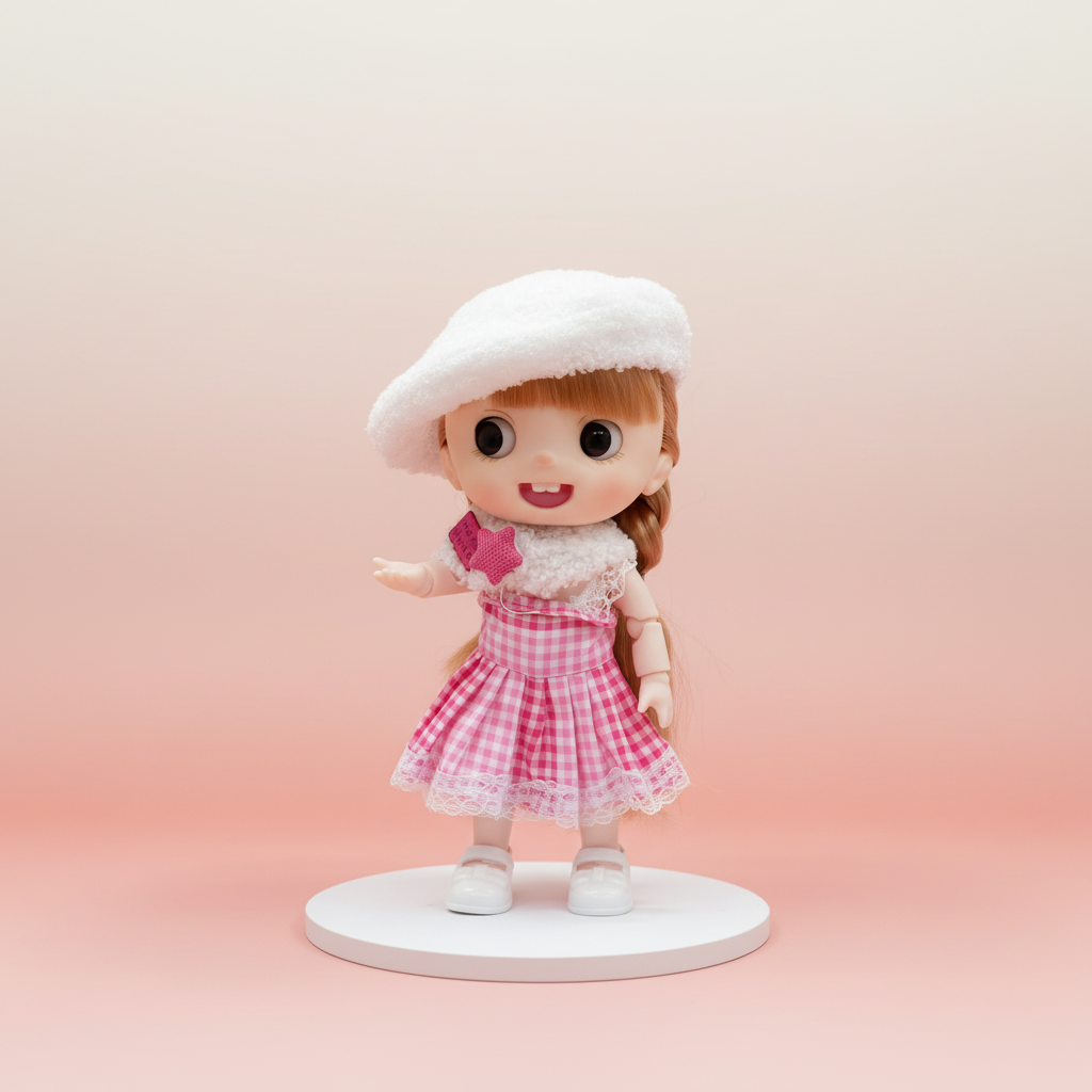 NestyFox doll in pink dress outfit on a soft pink studio background