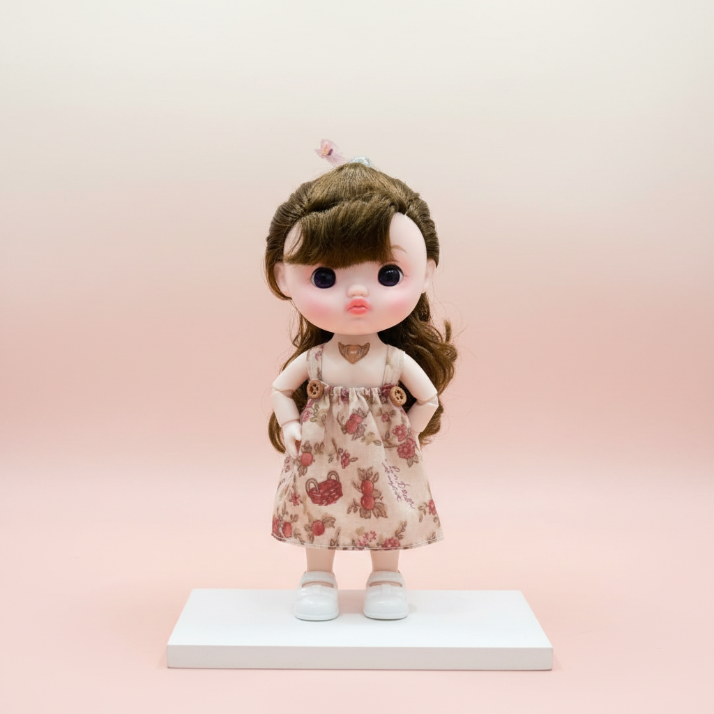 NestyFox doll in white patterned dress on a soft blush studio background