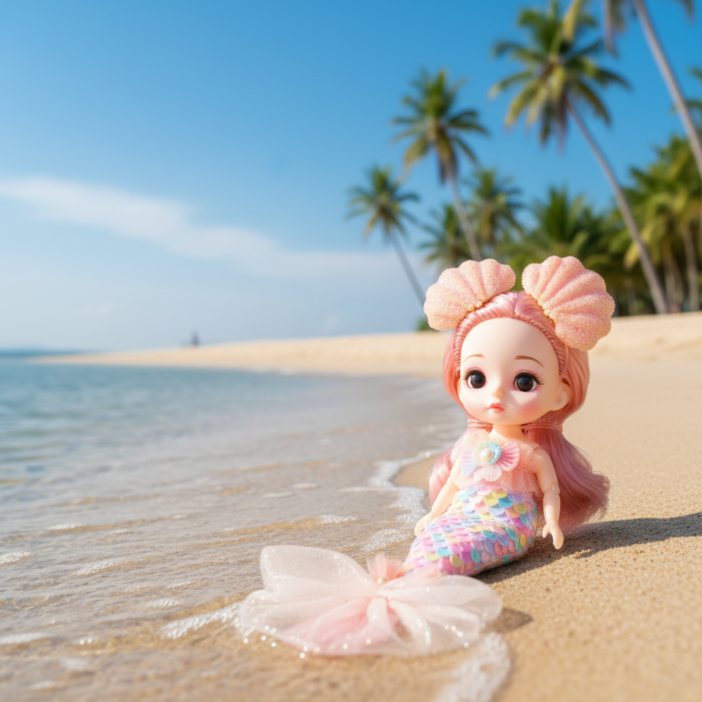 NestyFox Mini Mermaid Doll on sandy beach