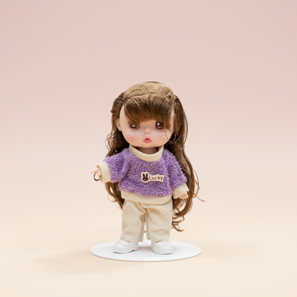 NestyFox doll in purple sweater and cream pants on a soft blush studio background