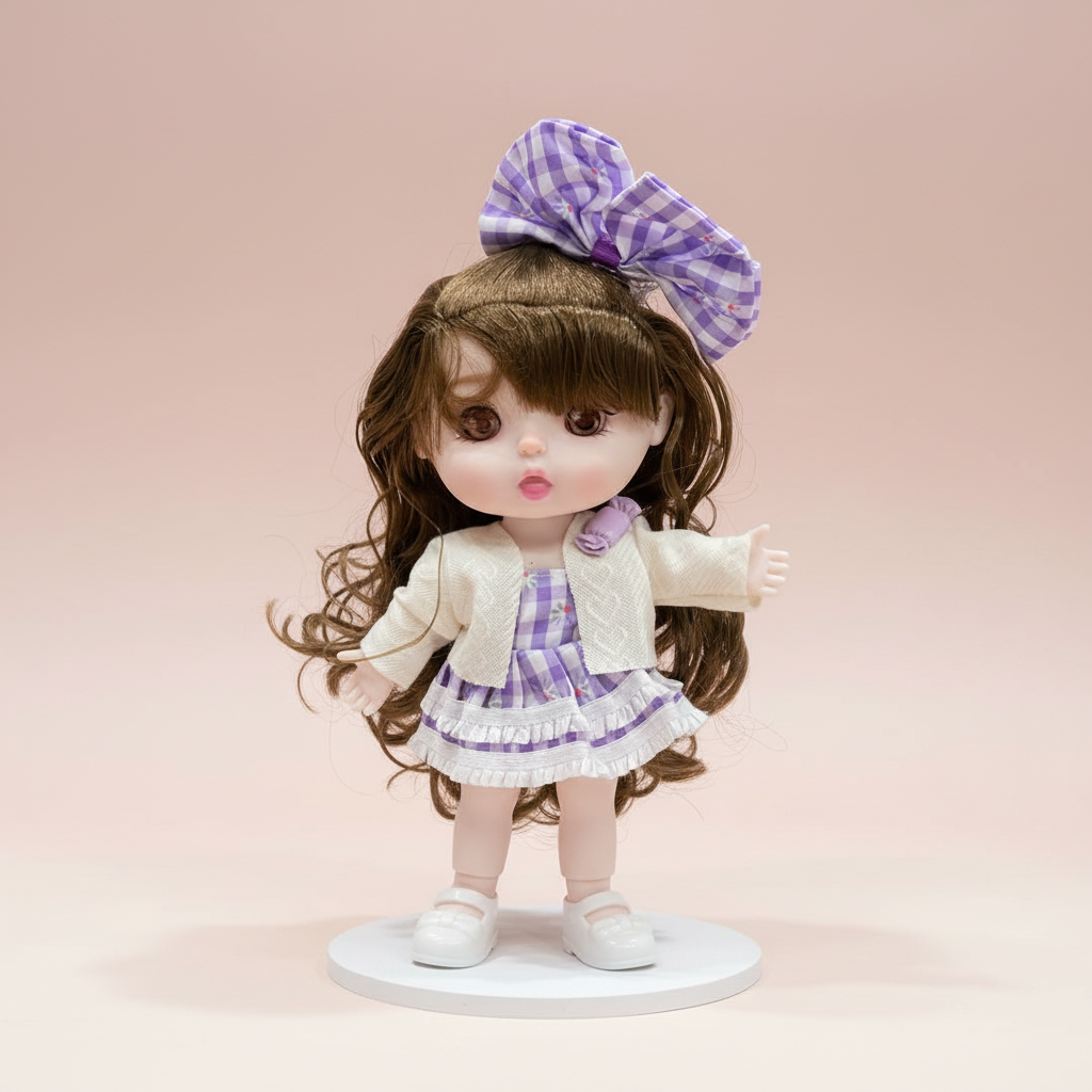 NestyFox doll in purple gingham dress with bow on a soft blush studio background