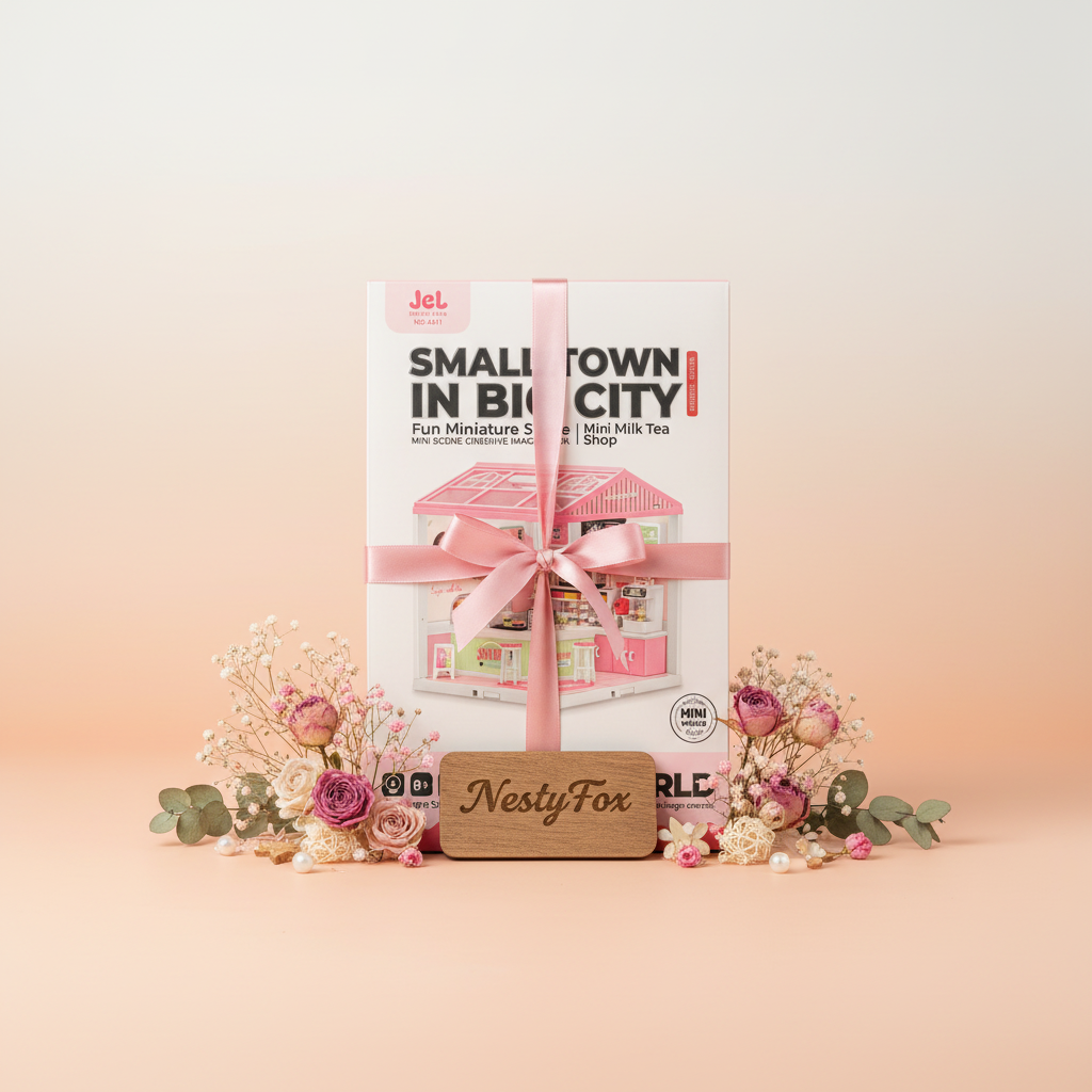 Gift presentation of Mini Milk Tea Shop kit with ribbon and flowers