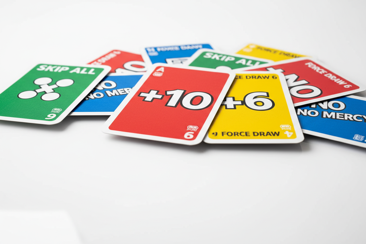 Close-up of UNO No Mercy brutal penalty cards