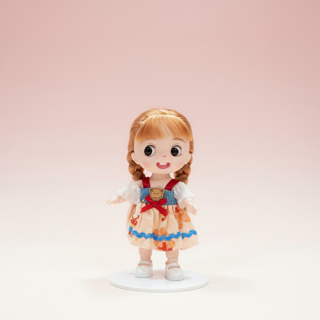 NestyFox doll in orange floral outfit on a soft blush studio background