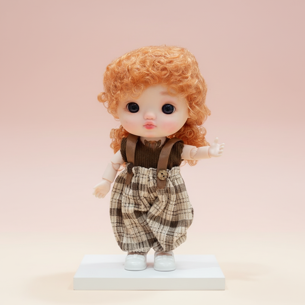NestyFox doll in brown plaid outfit on a soft pink studio background