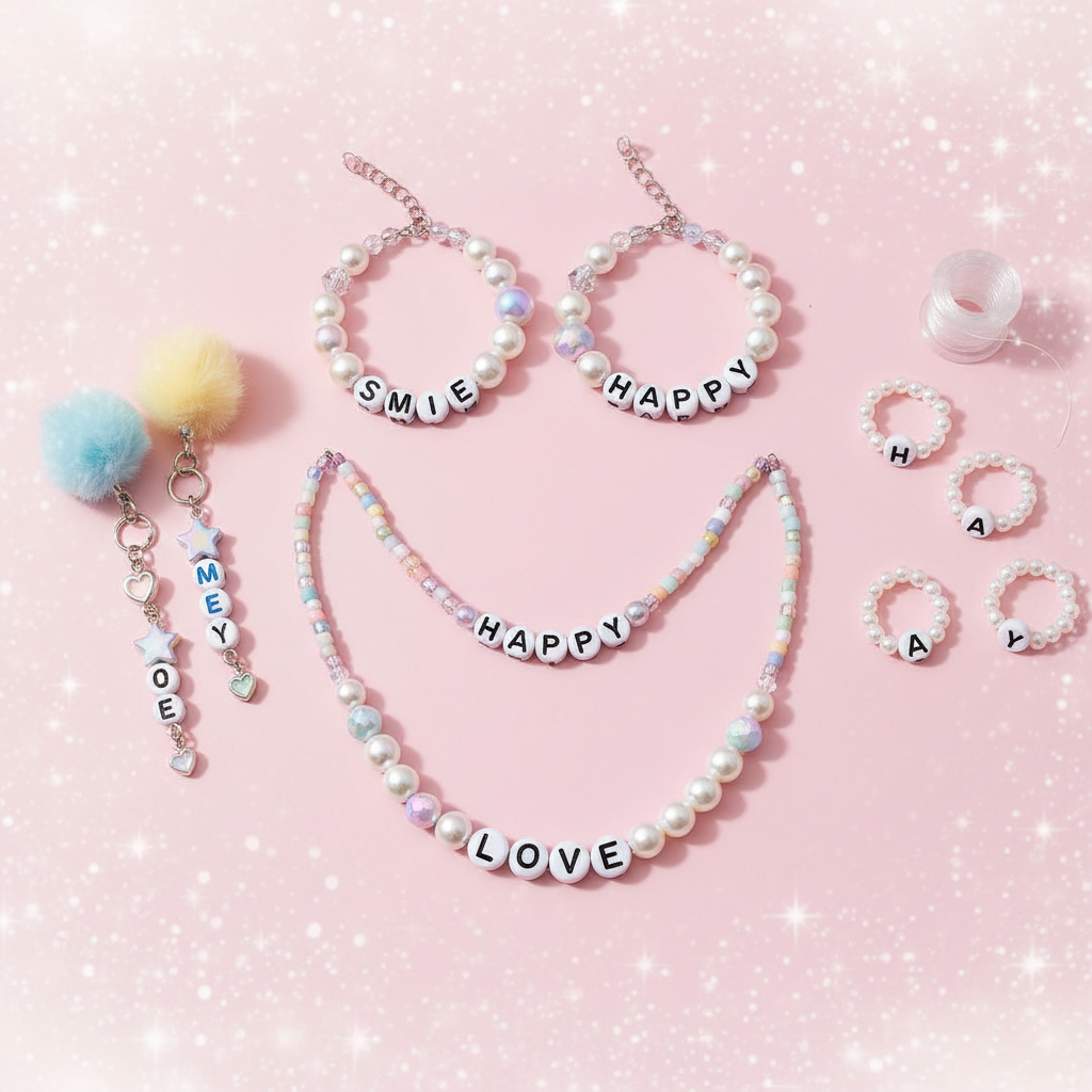 Colorful bead jewelry creations flat lay
