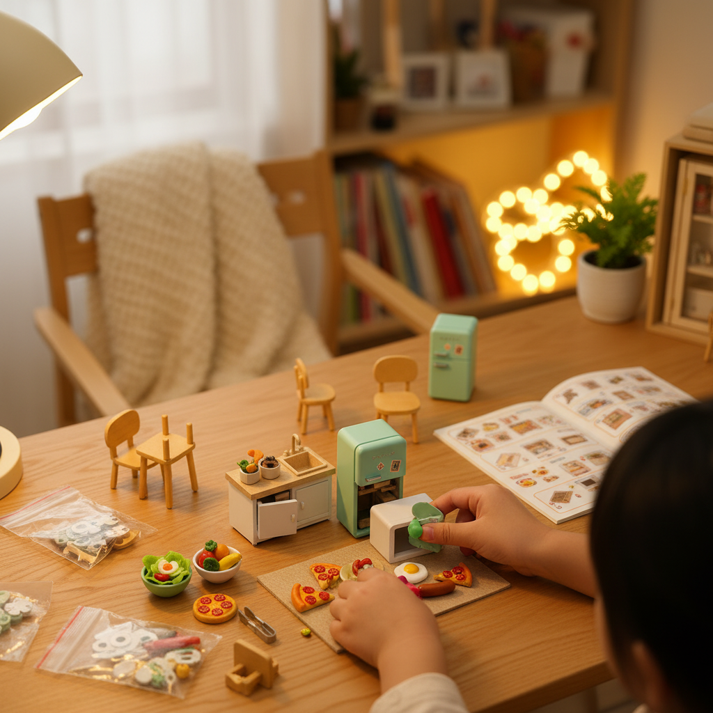 Child assembling the DIY miniature kitchen kit
