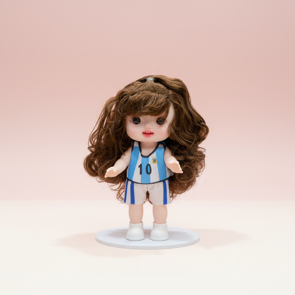 NestyFox doll in orange and blue dress on a soft blush studio background