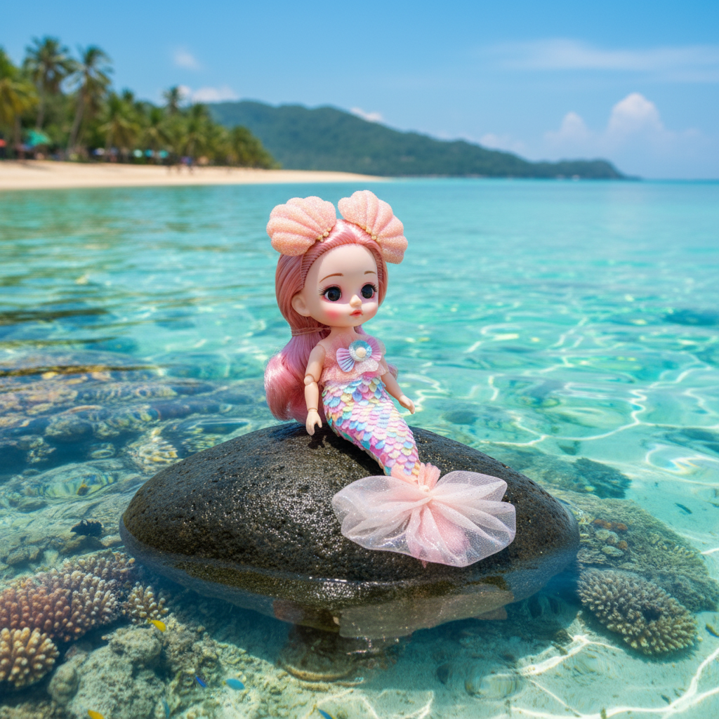 NestyFox Mini Mermaid Doll in turquoise ocean water