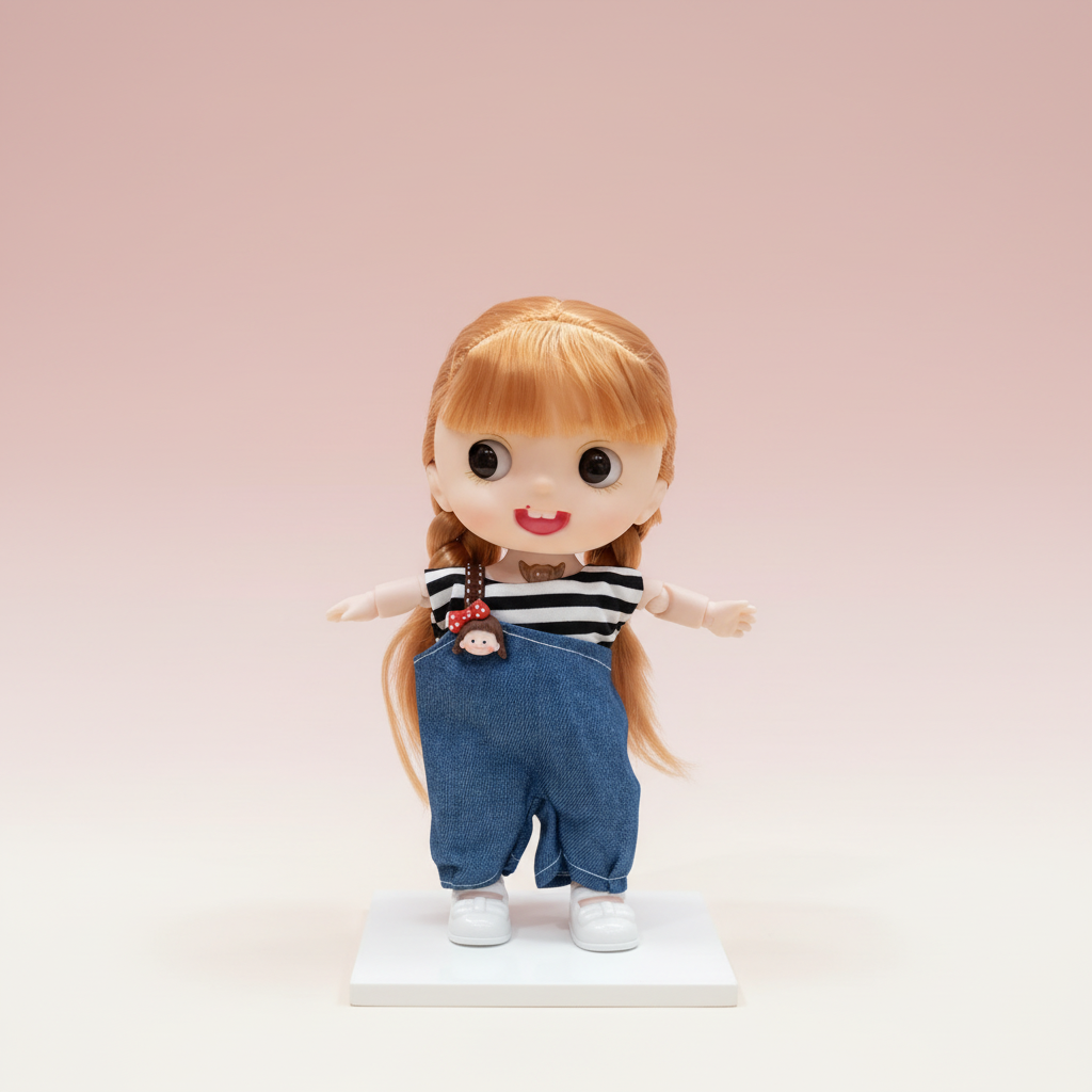 NestyFox doll in blue overalls outfit on a soft pink studio background