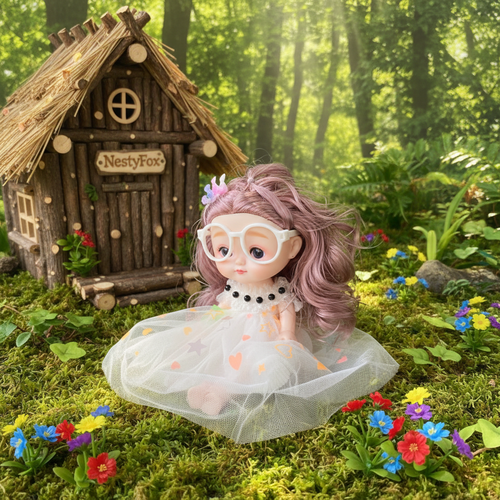 NestyFox 22 cm doll in a flower-filled forest with a NestyFox hut