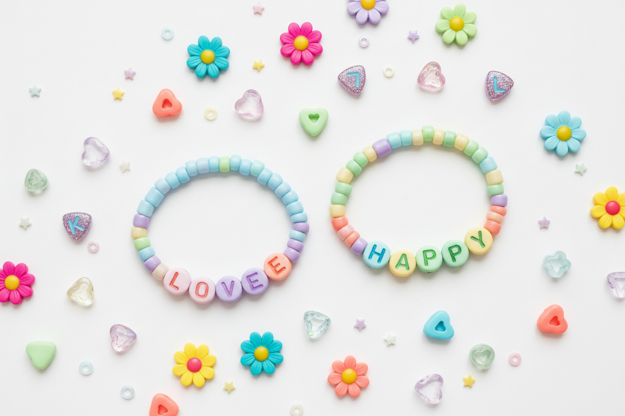 Colorful bead jewelry flat lay - LOVE and HAPPY bracelets