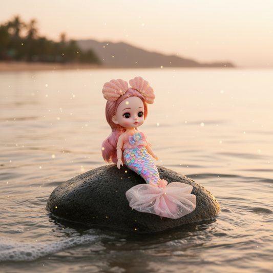 NestyFox Mini Mermaid Doll on rock at golden hour