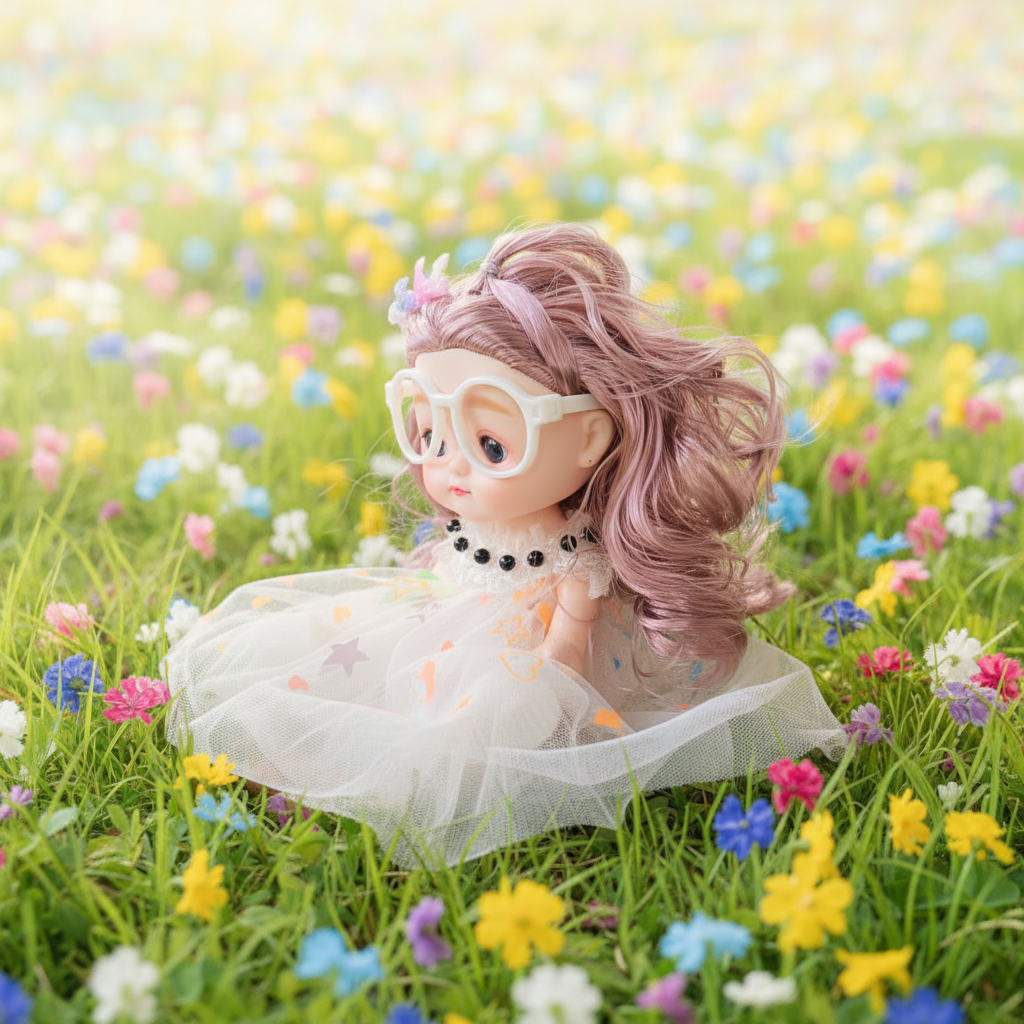 NestyFox 22 cm doll surrounded by colorful flowers