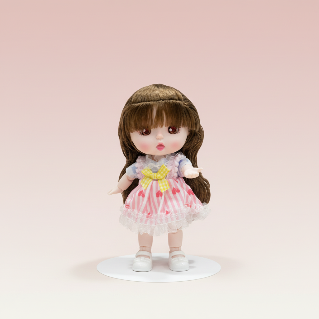 NestyFox doll in pink striped dress on a soft blush studio background