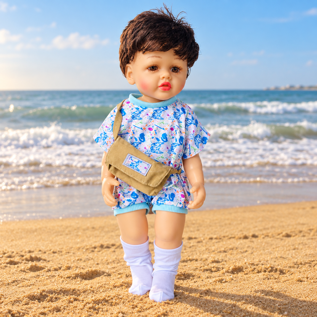 Reborn baby boy doll standing on Chennai Marina Beach