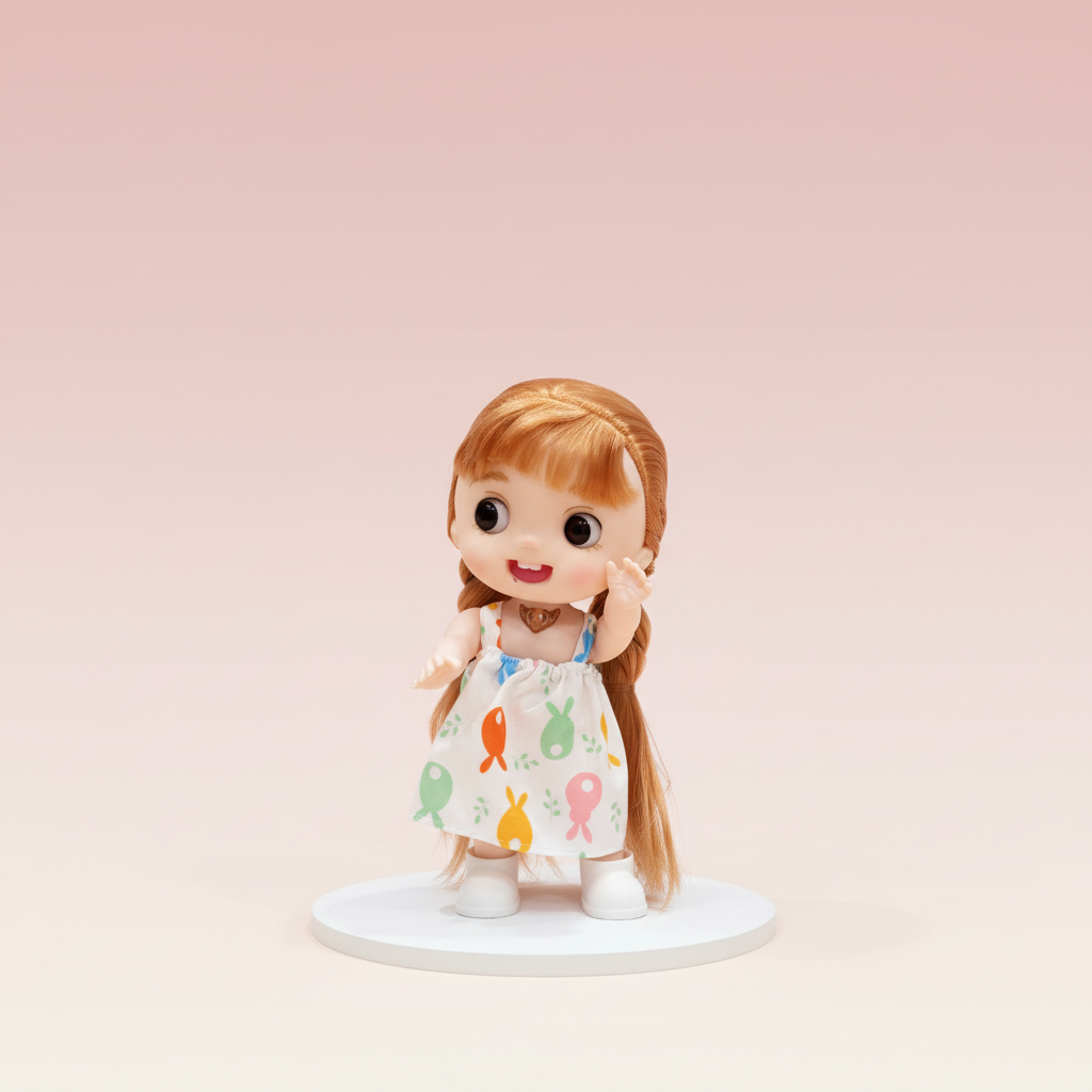 NestyFox doll in blue and white sports outfit on a soft blush studio background