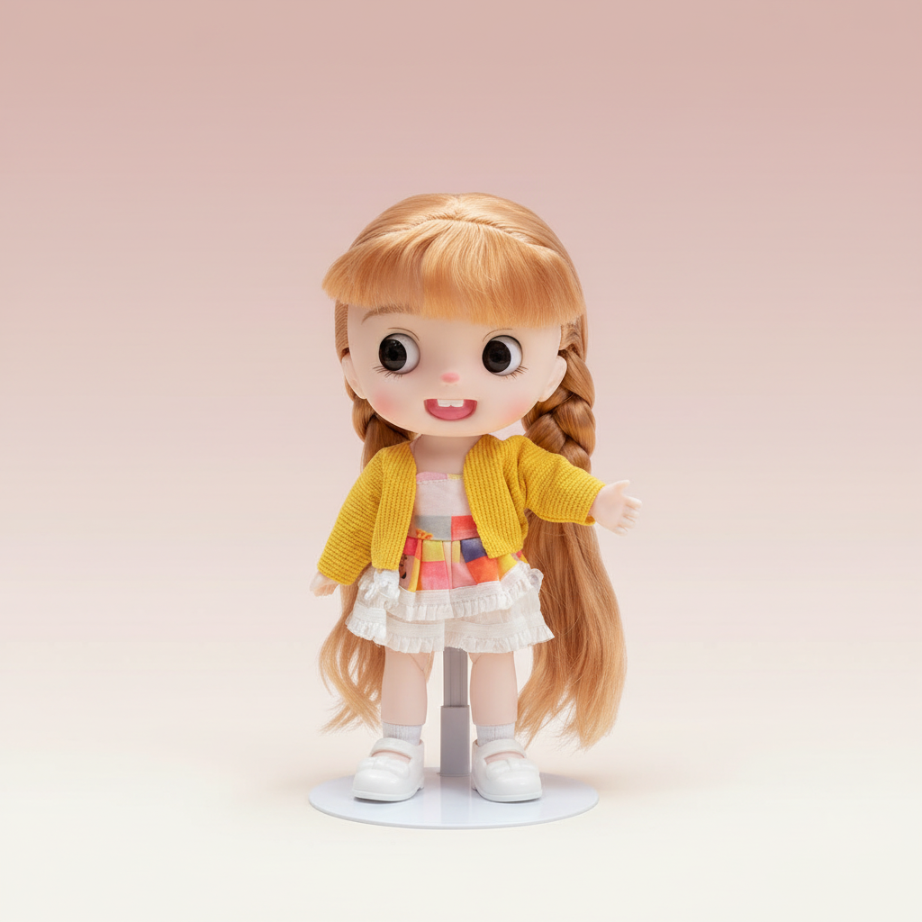 NestyFox doll in yellow cardigan outfit on a soft pink studio background