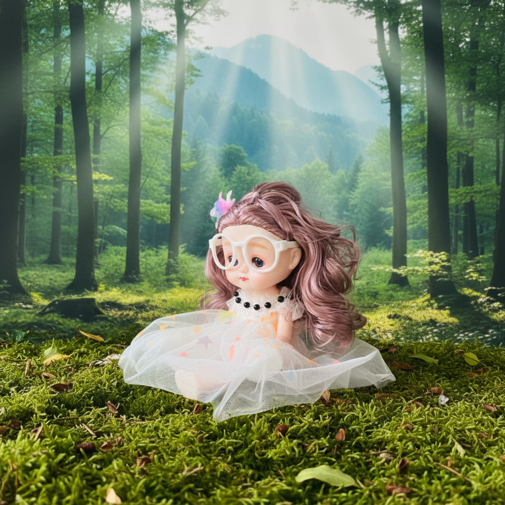 NestyFox 22 cm doll in a green forest with mountains