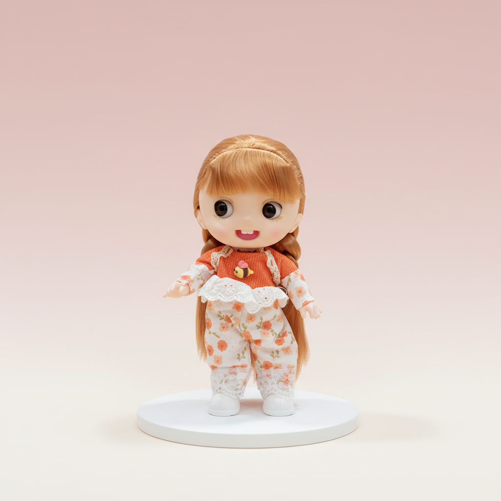 NestyFox doll in blue skirt outfit on a soft blush studio background