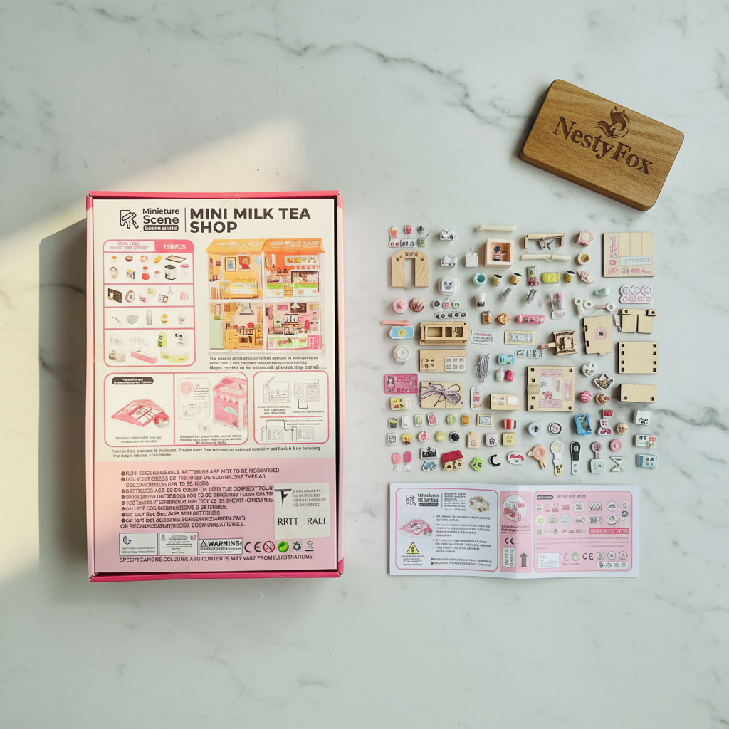 Flat lay of all 138 pieces on marble surface