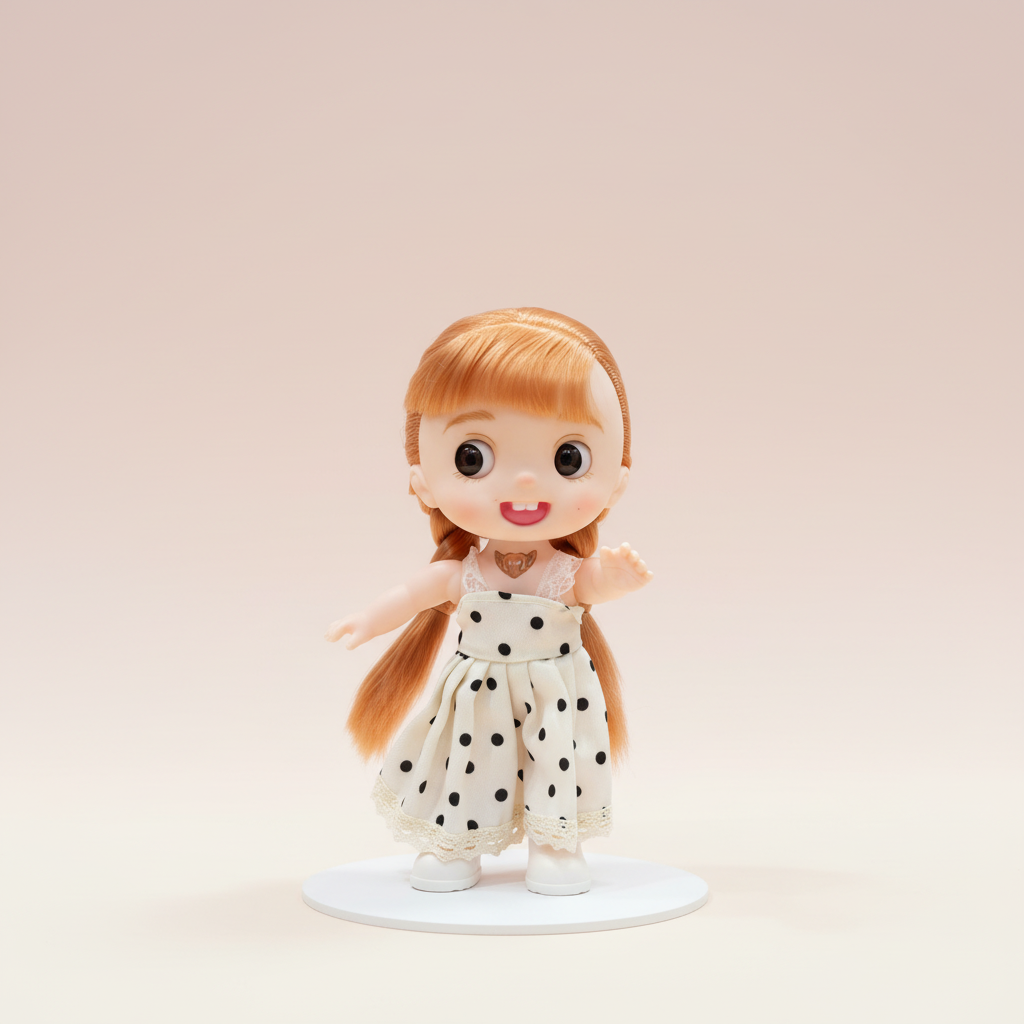 NestyFox doll in white polka dot dress on a soft blush studio background