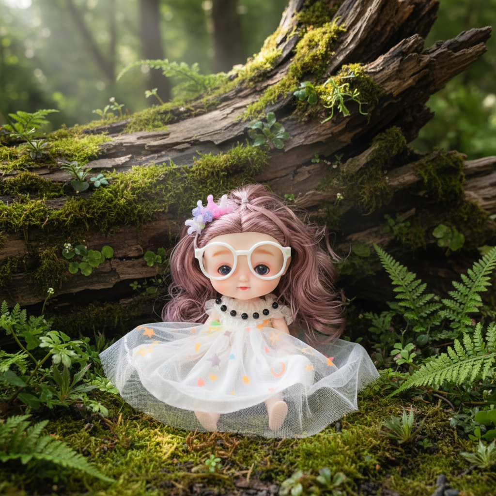 NestyFox 22 cm doll beside a mossy fallen tree