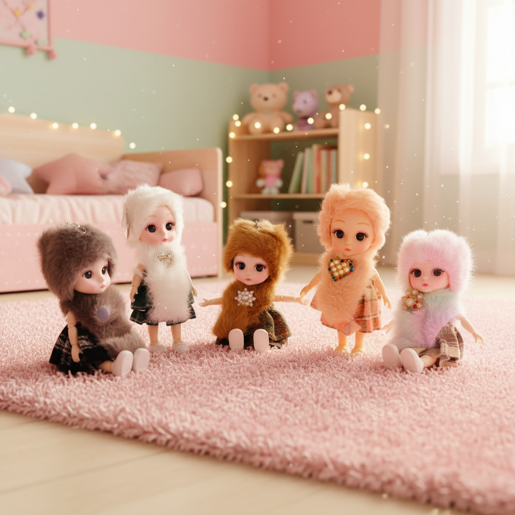 Mini BJD Doll – Fluffy Hat & Houndstooth Dress (16 cm)