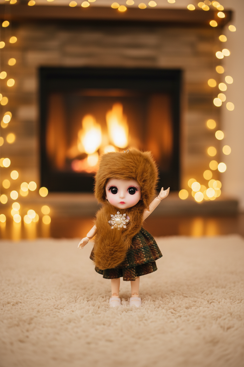 Mini BJD Doll – Fluffy Hat & Houndstooth Dress (16 cm)