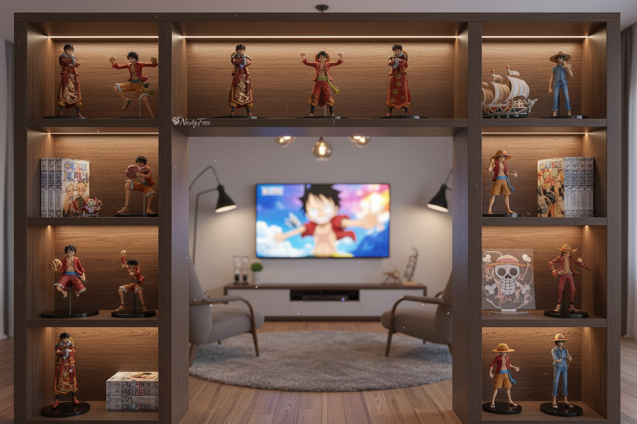 Luffy Figurine Collection on Living Room Shelf