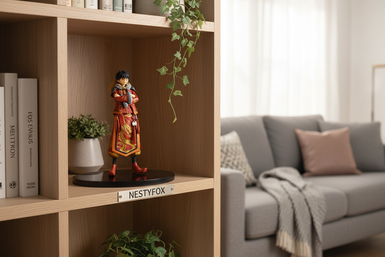 Luffy Figurine on Living Room Bookshelf