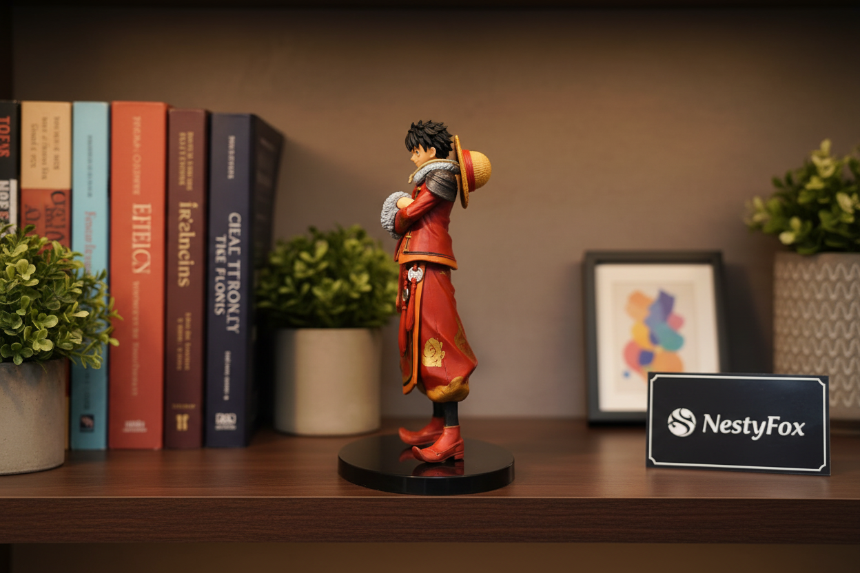 Luffy Figurine Side View on Bookshelf