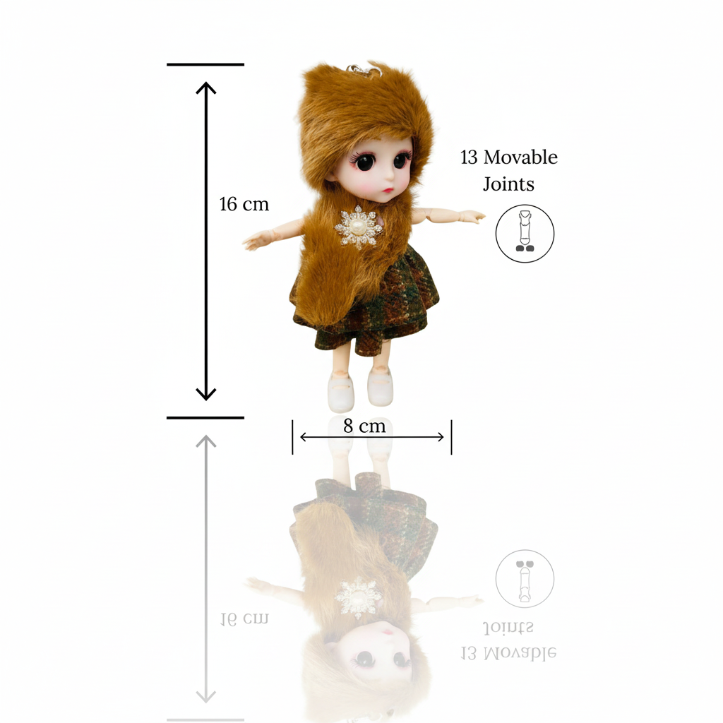 Mini BJD Doll – Fluffy Hat & Houndstooth Dress (16 cm)