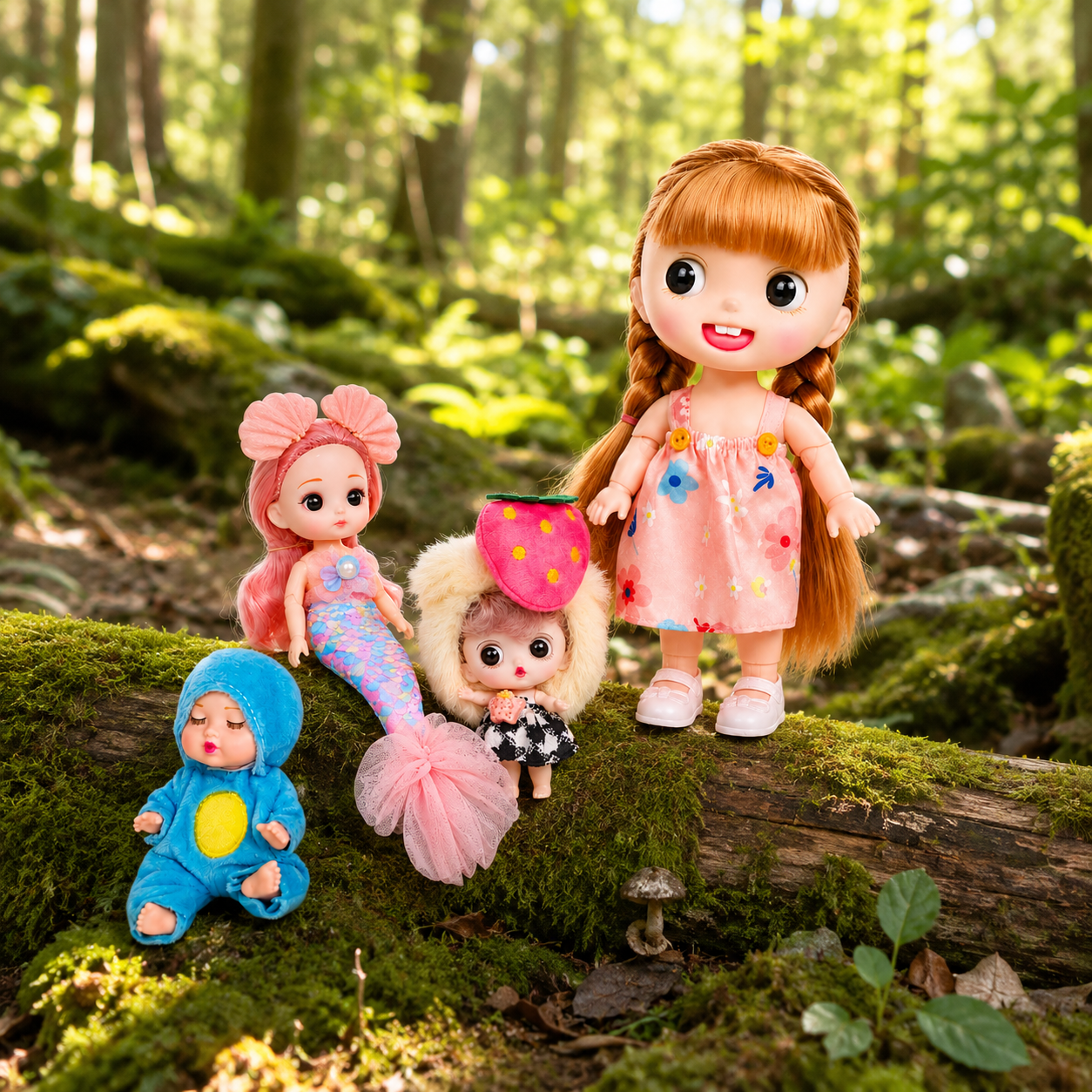 NestyFox 4 Dolls Set – Coco & Friends with Music & Light (22cm Fashion Doll + Mermaid + Mini + Baby)