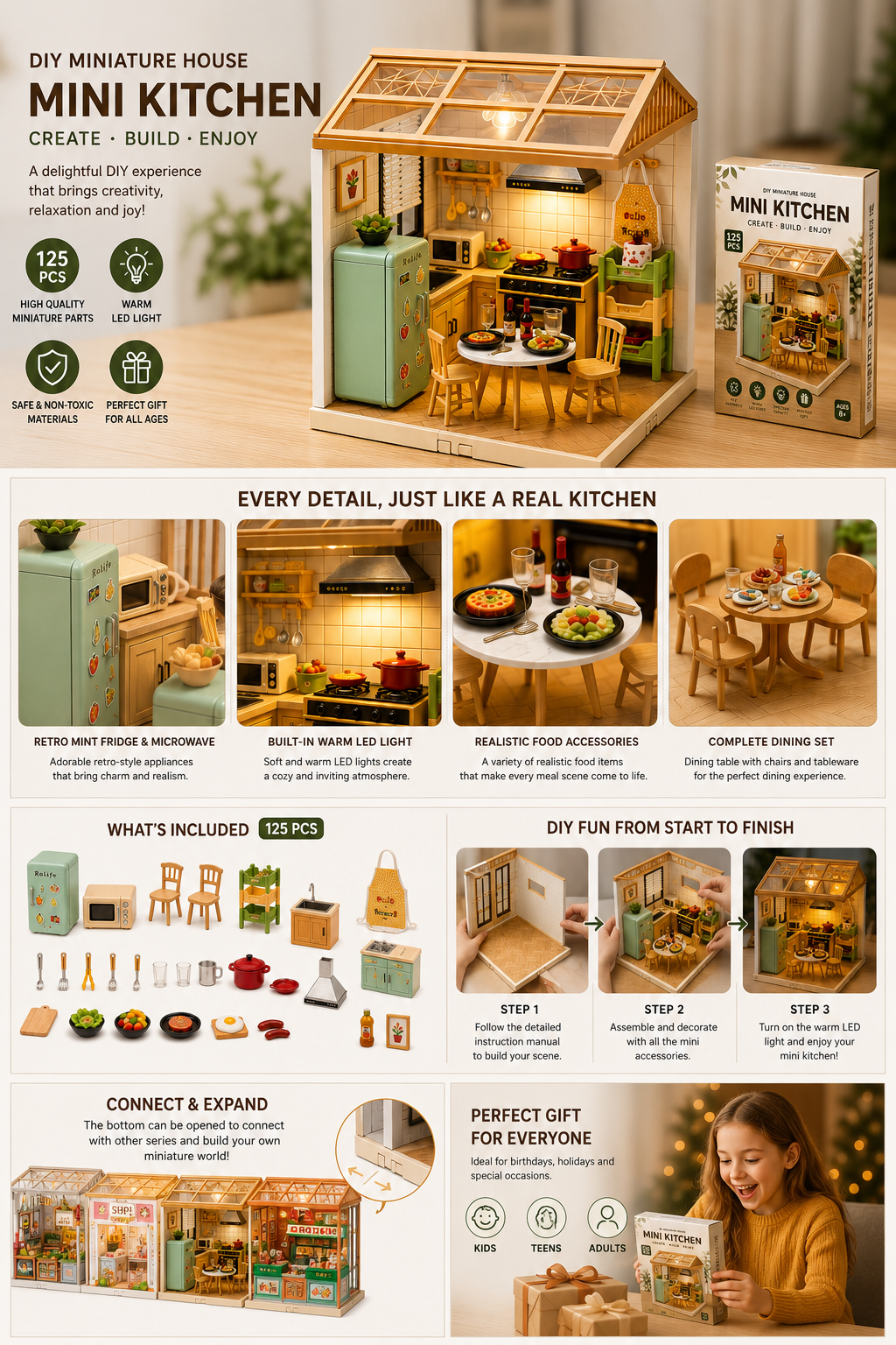 DIY Miniature Kitchen House Kit | 125 PCS | Warm LED Light