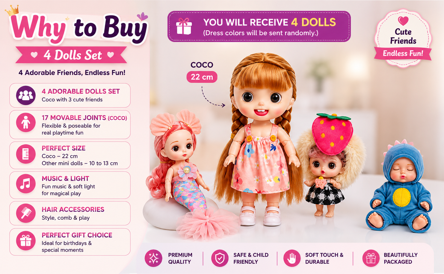 NestyFox 4 Dolls Set – Coco & Friends with Music & Light (22cm Fashion Doll + Mermaid + Mini + Baby)
