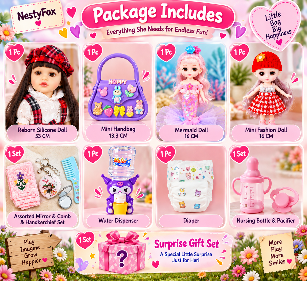NestyFox 53cm reborn silicone doll gift set with mermaid doll mini dolls and accessories