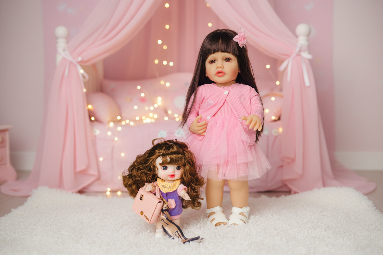 NestyFox Realistic Silicone Reborn Baby Girl Doll | 55cm Large Lifelike Soft Body with Long Hair, Nipple Bottle, Diaper & Magnetic Pacifier | Gift for Kids (Silicone Doll 16)