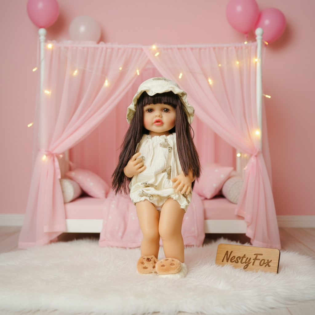 NestyFox Realistic Silicone Reborn Baby Girl Doll | 55cm Large Lifelike Soft Body with Long Hair, Nipple Bottle, Diaper & Magnetic Pacifier | Gift for Kids (Silicone Doll 16)