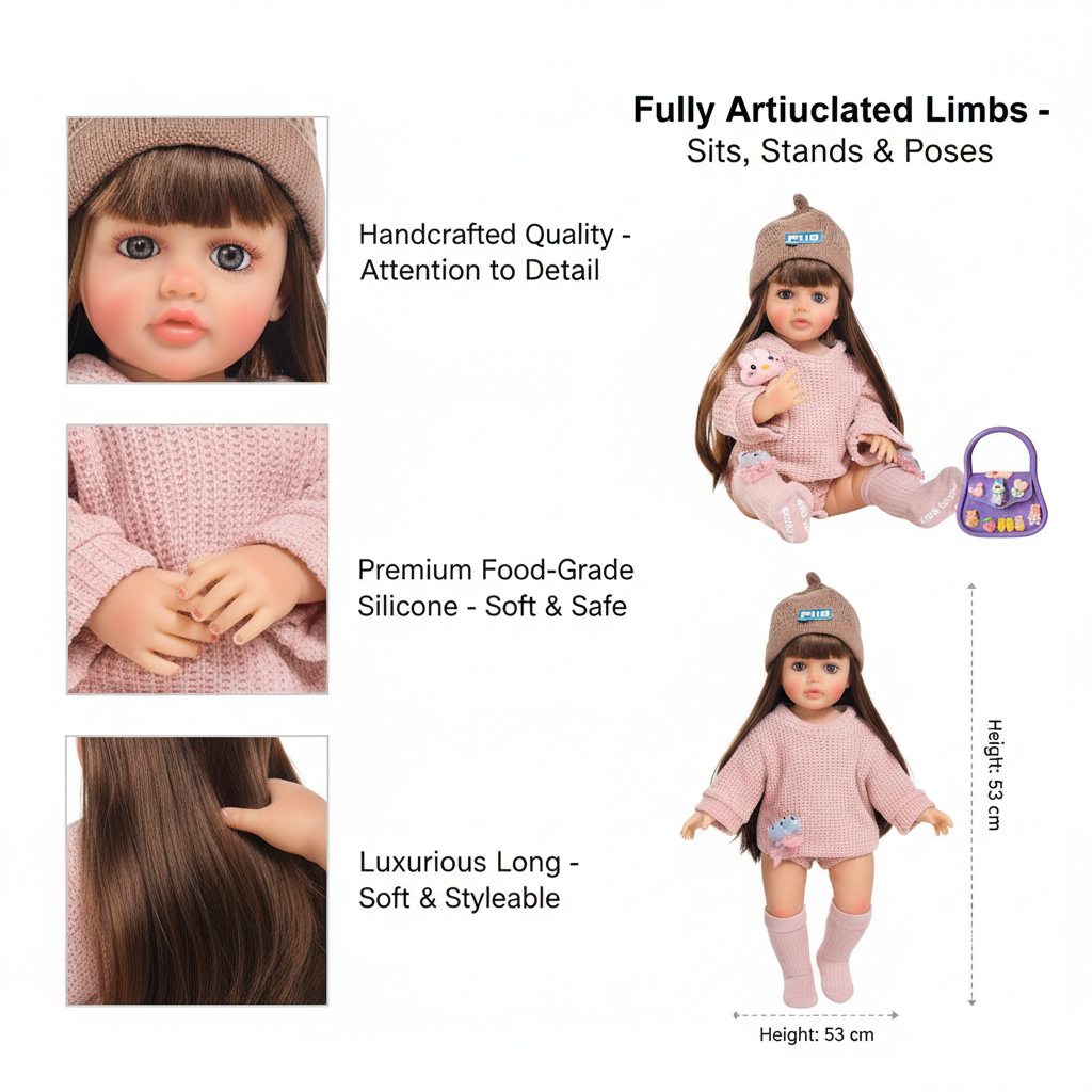 NestyFox Realistic Silicone Baby Doll with Handbag Set, Nipple Bottle, Diaper & Magnetic Pacifier – Soft Lifelike Doll for Girls
