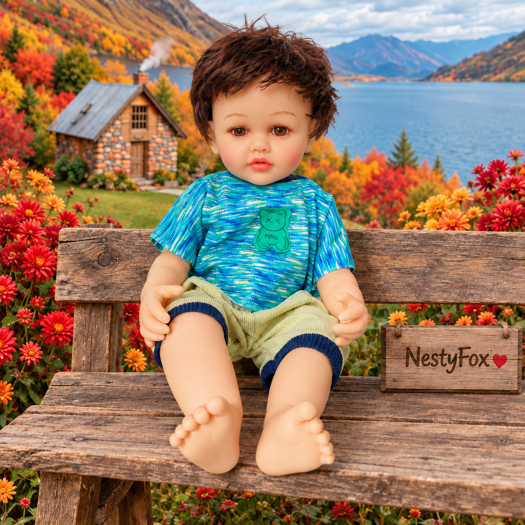 Seated boy doll at the lakeside cottage, looking straight