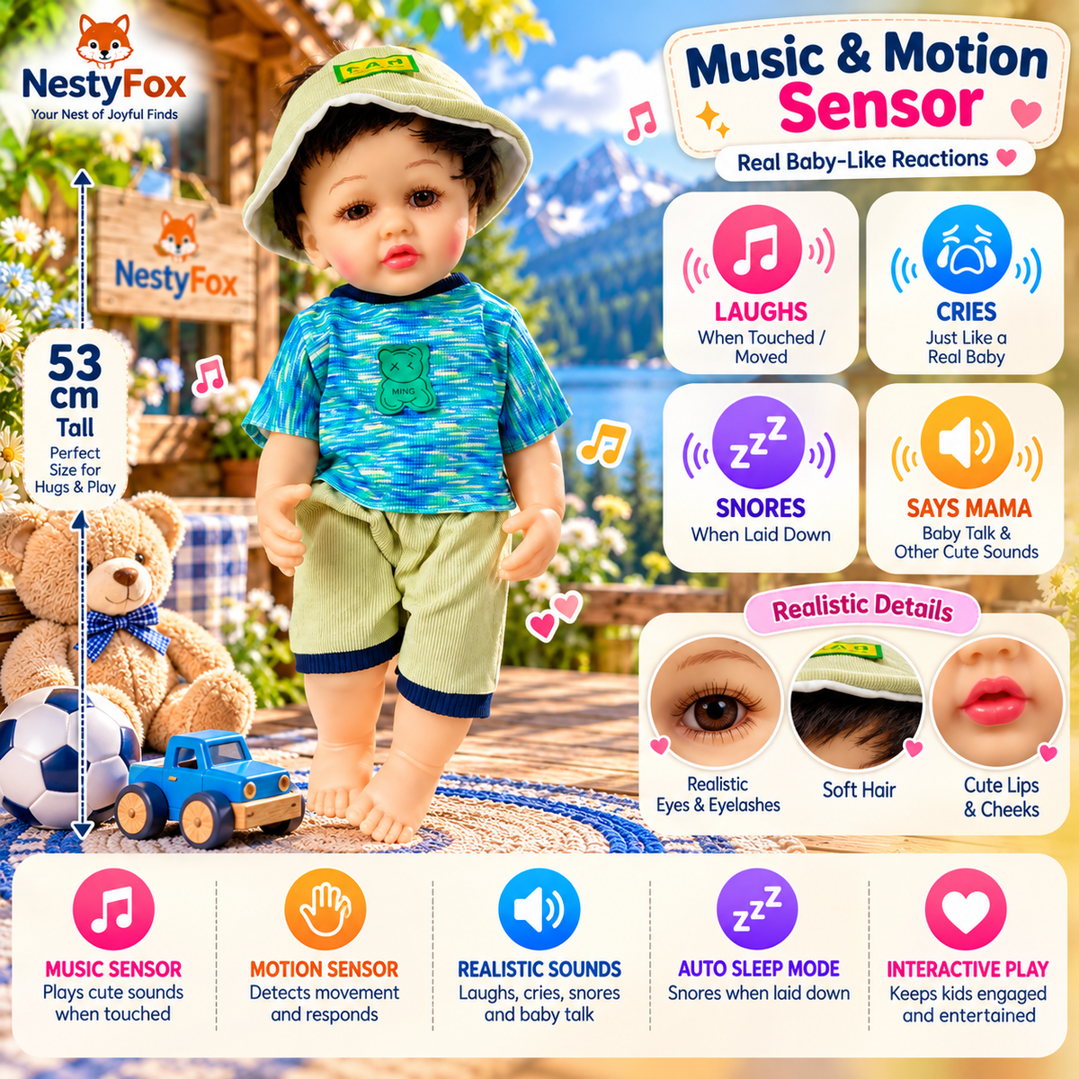 NestyFox 53 cm Musical Reborn Silicone Baby Boy Doll with Music Sensor