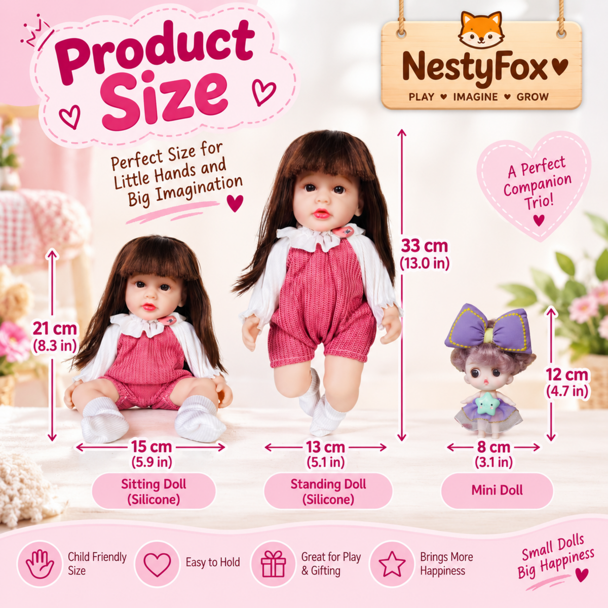 NestyFox 3-Doll Silicone Doll Combo Set for Girls with Mini Fashion Doll