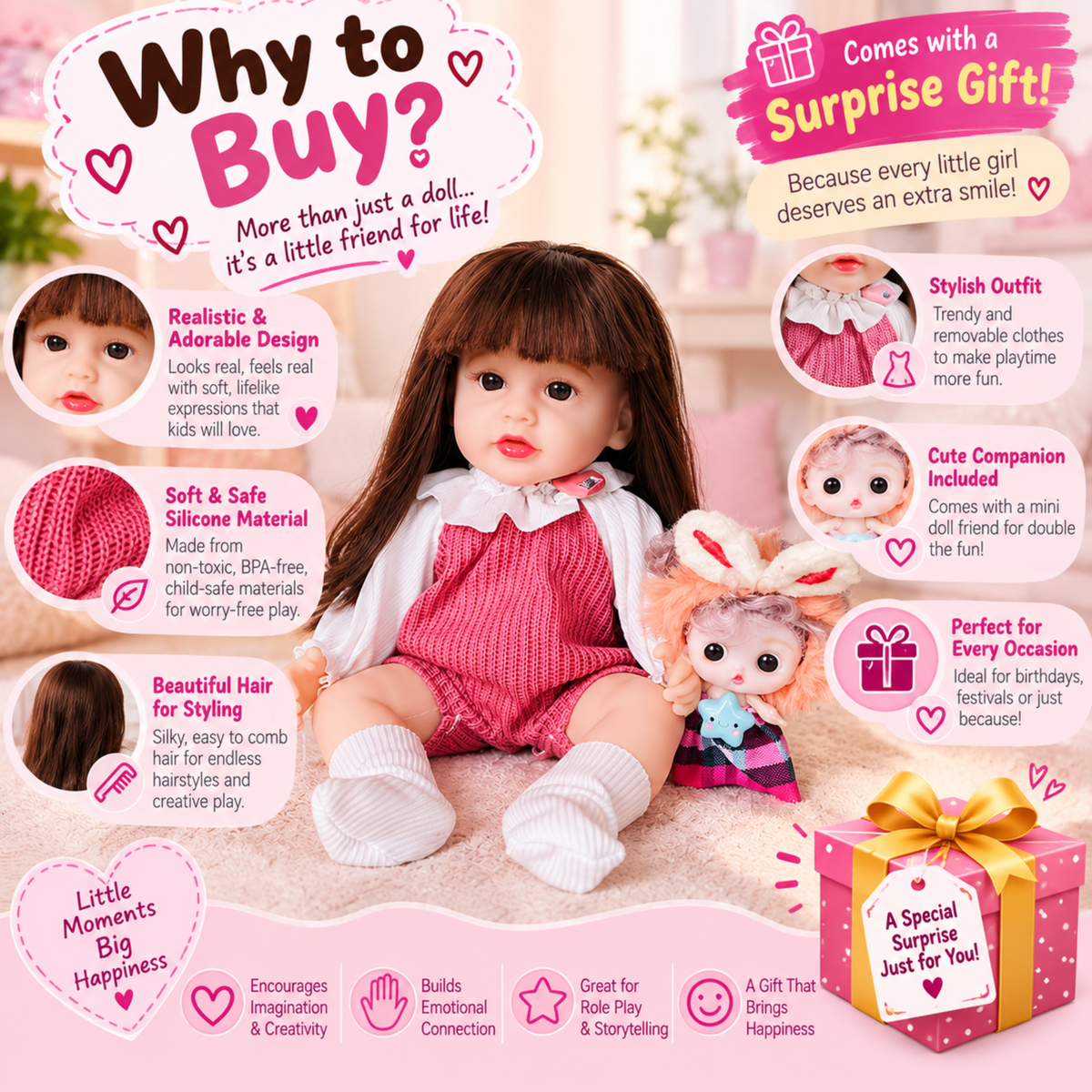NestyFox 3-Doll Silicone Doll Combo Set for Girls with Mini Fashion Doll