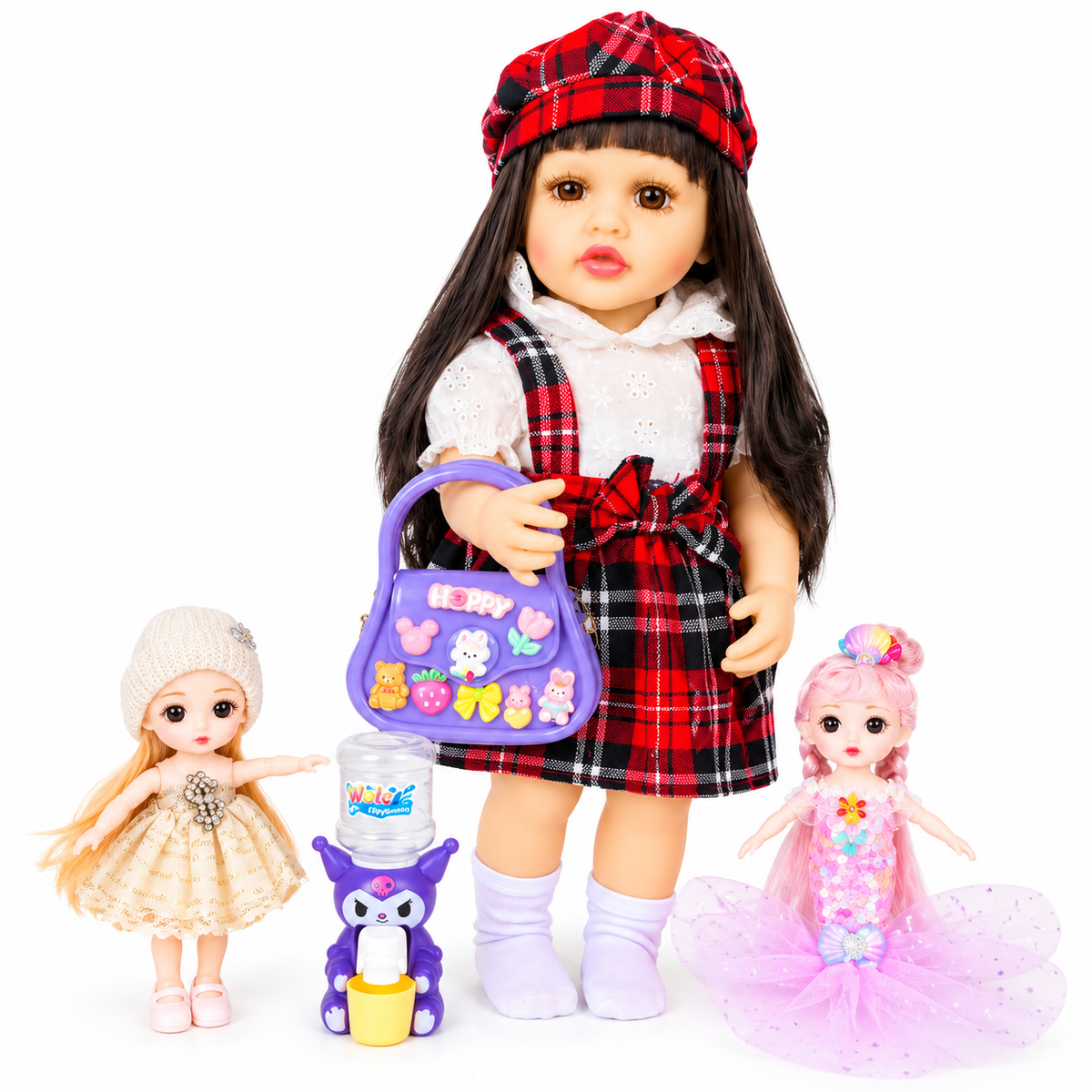 53cm reborn silicone baby doll in red checked dress holding purple handbag
