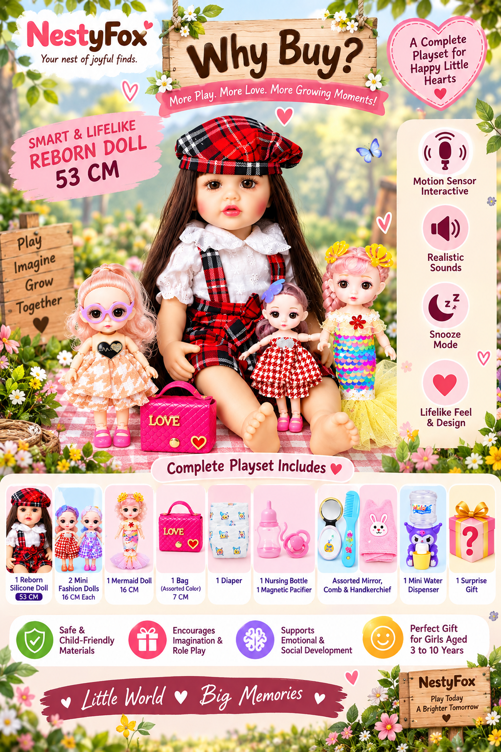 NestyFox reborn silicone doll with mini dolls near wooden NestyFox sign in garden