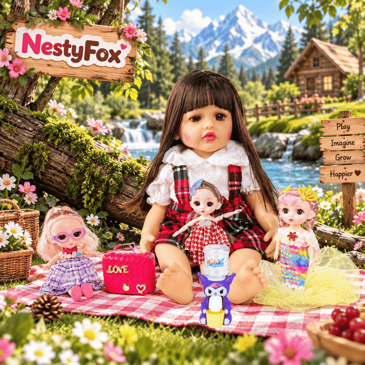 NestyFox 53cm reborn silicone baby doll with mermaid doll and mini fashion dolls on white background