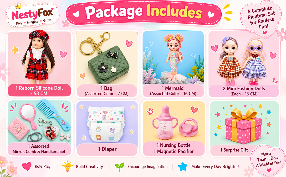 NestyFox reborn silicone doll gift set with mini dolls and accessories