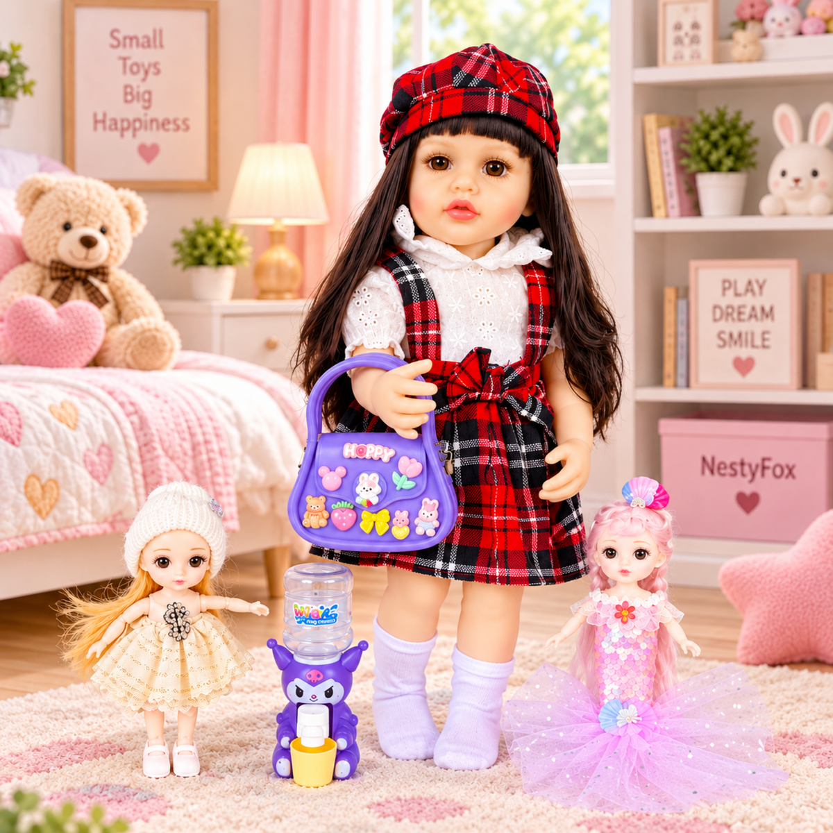 Reborn silicone baby doll with mini fashion dolls handbag and water dispenser in woodland scene
