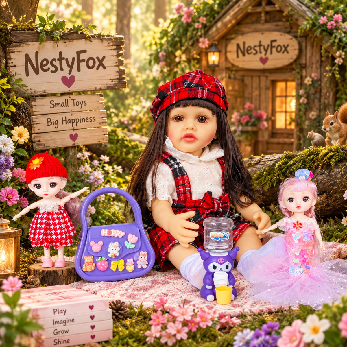53cm reborn silicone doll carrying purple handbag in shopping mall lifestyle scene